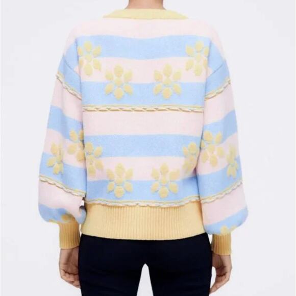 (S) Zara Pastel Colors Floral Jacquard Cozy Knit Button Front Cardigan Sweater - Picture 7 of 15